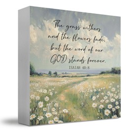 JUIOEIU Christian The Grass Withers And The Flowers Fade Floral Spring Signs, Bible Verse Wooden Box Signs, Vintage Cottagecore Home Decor, Isaiah 40 8 Farmhouse Wood Sign Home Decor(5 X 5 Inch)