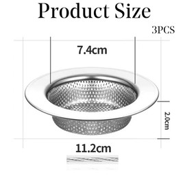 3 PCS Kitchen Sink Strainer, Bathroom Sink Strainer Stainless Steel Sink Drain Strainer, Dishwasher Safe（External Diameter 11.2cm, Inner Diameter 7.4cm）