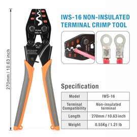 iCrimp IWS-16 Ratchet Crimping Tool for Non-Insulated Terminals from 0.3 to 13.3 mm² with Polished Jaw Cables, Electrical Appliances and Other Power Mechanisms