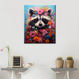 Paint by Numbers with Cute Raccoon in Flower Bush for Adults and Beginners, Beautiful Flower Bush, Paint by Numbers on Canvas, Easy to Paint for Beginners, Artwork for Home Decoration,