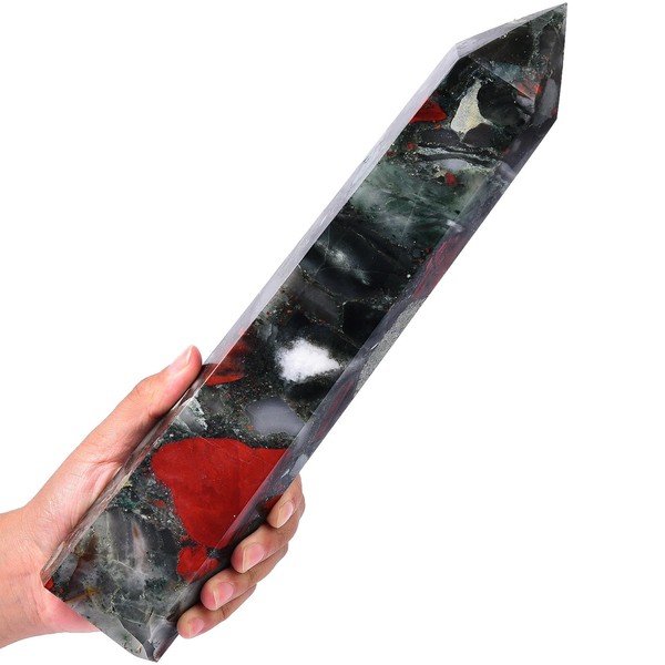 AMOYSTONE Extra Large African Bloodstone Obelisk Healing Crystal Wand Tower 6 Faceted Column Reiki Chakra Meditation Therapy Red 2.2-2.6 LBS