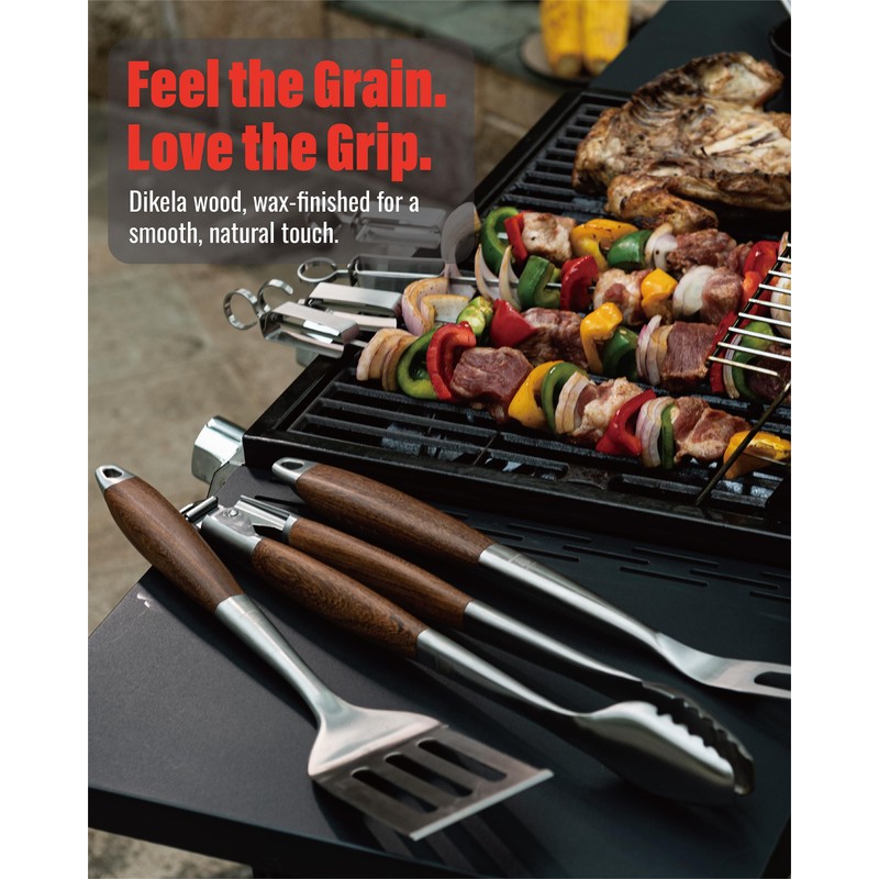 Heavy-Duty ​Dikela Wooden BBQ Grilling Tools Set. Extra Thick Stainless