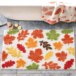 Estmy Colorful Fall Maple Leaves Bath Mat Non Slip Washable 16’’x24’’ Orange Fall Colored Autumn Woodland Bathroom Mat, Microfiber Cute Harvest Season Thanksgiving Bath Rugs Absorbent