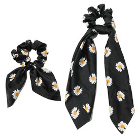 Flomiara Haarschleifen, Haargummis für Damen, Pferdeschwanz-Halter, Zubehör, Blumen, Haarspangen, Friseur, geknotete Schleife, Stoff, langes Haarband für Frauen und Mädchen, Schwarz, 2 Stück