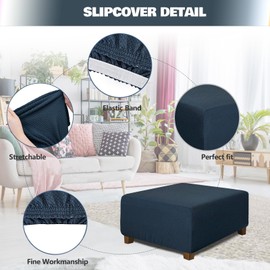 NeColorLife Square Ottoman Cover Jacquard Fabric Thick Stretchable Slipcover for Oversized Square Ottoman Furniture Protector,X-Large,Navy Blue