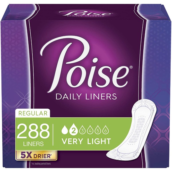 Poise Daily Incontinence Panty Liners, Very Light Absorbency, Regular, 288 Count (6 Packs of 48)