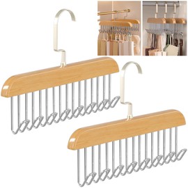 Pack of 2 Wooden Clothes Hangers, Tie Holder, 28 x 18 x 3 cm Belt Holder Wardrobe, Clothes Hanger with 8 Hooks, Rotatable, Storage Hanger, Belt Hanger, for Suspenders, Ties, Scarves