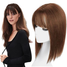 Silk Straigt Clip in Hairpiece Snythetic Topper With Bangs Extension for Women Cover Thinning Hair (25cm Black Brown)