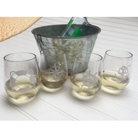 SET OF 4 -Stemless Boat Wine Glasses-Nautical Themed, Plastic, 16oz, Pool Wine Glasses, Shatter Proof Drinking Glasses for Wine or Cocktails