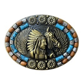 Seternaly Bull Skull Belt Buckle Horse Hat Native American Belt Buckle Turquoise Wooden Beads Decorated Belt Buckles for Men Women, Native-008, 3.94*2.91 in