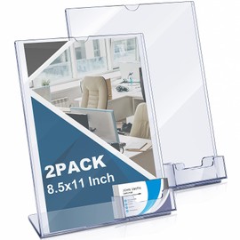 Vicenpal Acrylic Sign Holder with Business Card Holder, 8.5 x 11 Clear Brochure Display Stand Flyer Stand with Business Card Pocket for Magazine Pamphlet Booklets Menu Desktop(4 Pcs)