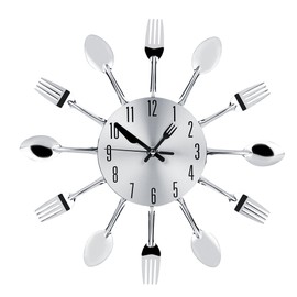 Stainless Steel Cutlery Clock Knife and Fork Spoon Wall Clock Kitchen Decoration Silver