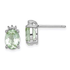 Solid Real 925 Sterling Silver Oval Green Quartz and Diamond Post Studs Earrings - 10mm x 6mm (.02 cttw.)