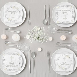 First Communion Napkins Decorations, 40Pcs Silver Communion Napkins God Bless Baptism Birthday Supplies Paper Napkins for Christening Celebration Baby Shower Communion Party Supplies