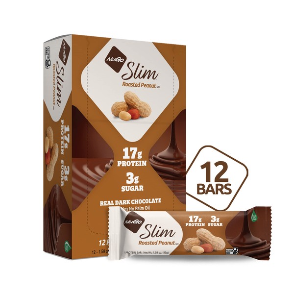 NuGo Slim Dark Chocolate Roasted Peanut, 16g Protein, 2g Sugar, 7g Fiber, 190 Calories, Low Net Carbs, Gluten Free, 12 Count