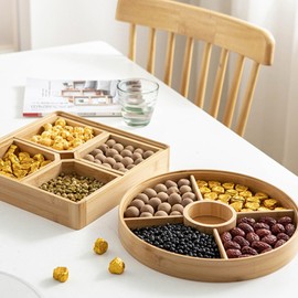 DOITOOL Snack Serving Tray with Lid Wooden Veggie Tray Sectional Compartment Bamboo Tray Nut and Candy Plates