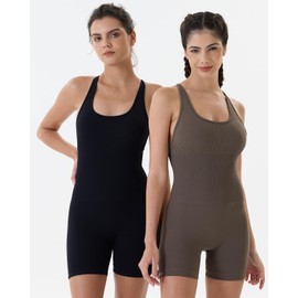 AUROLA Strappy Romper for Women Workout Yoga Gym Seamless One Piece Racerback Jumpsuit Tummy Control Padded Sports Bra,Black,S