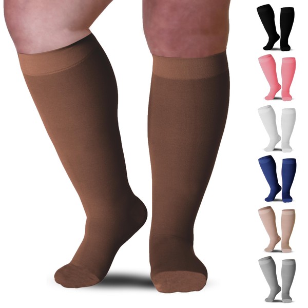 Mojo Compression Socks Knee-Hi Closed Toe Support Hose 20-30mmHg Opaque – Made in USA - Unisex, Brown X-Large for Post-Thrombotic Syndrome (PTS) & CVI