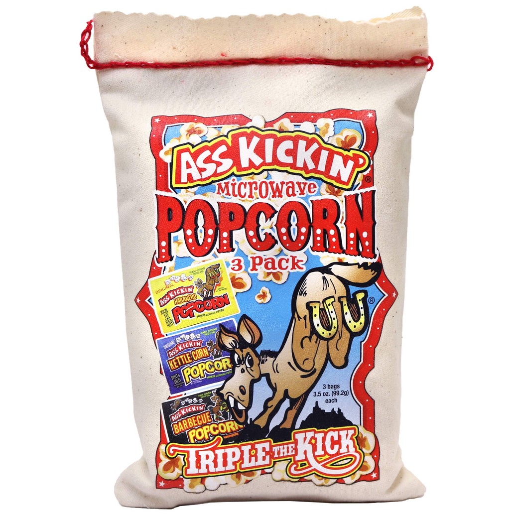 ASS KICKIN’ Premium Microwave Popcorn – Popcorn Variety Pack (3) in Canvas Bag - Ultimate Sweet and Spicy Gourmet Gift - Makes a Great Movie Theater Popcorn or Snack Food for Movie Night