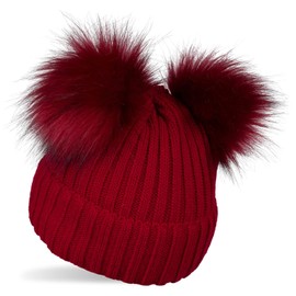 styleBREAKER 04024203 Children's Knitted Bobble Hat with 2 Faux Fur Bobbles and Fleece Lining, Winter Hat, Knitted Hat, 2-5 Years, bordeaux red
