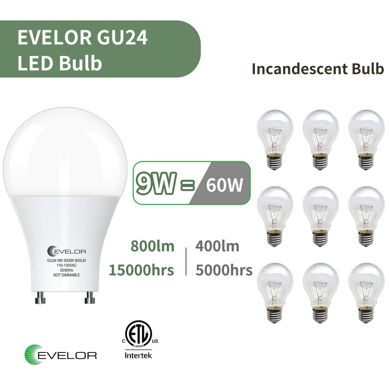 evelor GU24 LED Light Bulb,60 Watt Equivalent Daylight White 5000K,Non-Dimmable,Efficient