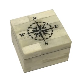 Schooner Bay Co. Compass Rose Black Engraved Vintage Scrimshaw Ox Bone Jewelry Box Antique Reproduction, 3 1/4 x 3 1/4 x 2
