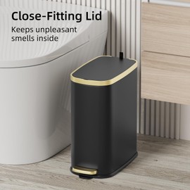 KUK Small Bathroom Trash Can with Lid Soft Close, Step Pedal, 2.4 Gal Stainless Steel Garbage Can with Removable Inner Bucket, Anti-Fingerprint Wastebasket for Office, Bedroom, Toilet (Black)