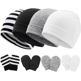 DRESHOW Newborn Baby Hat and Gloves Set Beanie Clothing Unisex Infant Hat Nursery Hat Baby Boys Girls 0-6 Months, 4 sets: Cotton Hats & Mittens F02