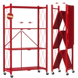 DEANIC 4 Tier Foldable Storage Shelves with Wheels, Large Capacity Shelving Unit, Freestanding Metal Wire Shelf Rack, No Assembly Organizer Rack for Garage Kitchen, Basement(Red)