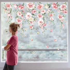 JarThenaAMCS 9 Sheet Spring Pink Flowers Window Clings Aesthetic Hanging Floral Leaf Reusable Window Decals for Wedding Party Home Window Glass Decor, 7.9 x 11.8inch
