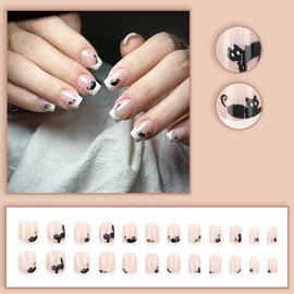 RIICFDD Medium Length Press on Nails Coffin Fake Nails White French False Nails Black Cat Stick on Nails Artificial Glossy Acrylic Nails Full Cover Reusable Glue on Nails for Women Nail Art 24 Pcs