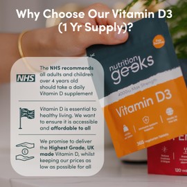 Nutrition Geeks Vegetarian Vitamin D3 4000 iu - 1 Year Supply, 365 Easy-Swallow High Strength Vitamin D Supplement Tablets - UK Made VIT D & D3 Vitamins Awarded by The Independent