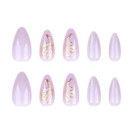 RUOKEXIN Almond Press on Nails Medium Fake Nails Purple False Nails with 3D Gold Butterfly Designs Glitter Full Cover Acrylic Artificial Nails Glossy Glue on Nails Natural Stick on Nails for Women