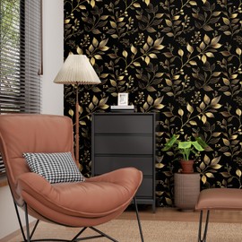 Black Gold Wallpaper Peel and Stick Dark Golden Leaf Floral Contact Paper Waterproof Self-Adhesive Vintage Retro Leaves Wall Paper for Bedroom Living Room Countertop Desk Cabinets Decor 17.4" x 118"