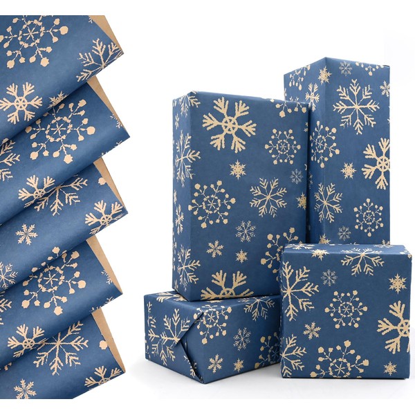 Blue Wrapping Paper with Snowflakes, QRTDXP Xmas 5pcs 50cm*70cm Kraft