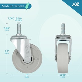 M10 Threaded Stem Caster Wheels, 3 Inch Heavy Duty Swivel Casters with Brake, 360° Rotation, Quiet & Smooth Rolling, Replacement Wheels for Workbench, Furniture, Carts, and Shelving (Set of 4)