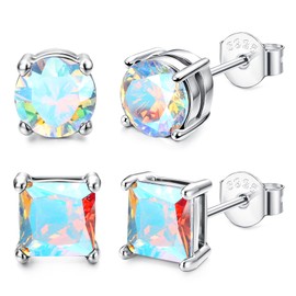 Milacolato 2Pairs Sterling Silver Stud Earrings 18K White-Gold Plated Earrings Round Square Cubic Zirconia Simulated Diamond Stud Earrings for Men Women | 6mm