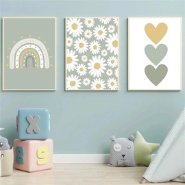 Ueiwffzo Set of 3 Posters for Children's Room, Boho Daisies Rainbow Wall Pictures Children's Room Decoration, Canvas Wall Posters for Children's Room, Without Frame (30 x 40 cm)
