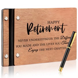 Skyygemm Wood Retirement Guest Book with Signature Pen Retirement Party Decorations Supplies Gifts for Women Men Office Colleague Advice and Wishes(Happy Retirement)