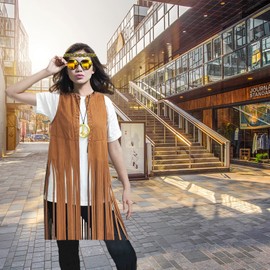 XonyiCos Hippie Costume Women's Vest Set 60s 70s Outfit Women's Disco Fringe Vest, Fancy Dress Costumes for Carnival, Hippie Accessories (Brown, XXL)