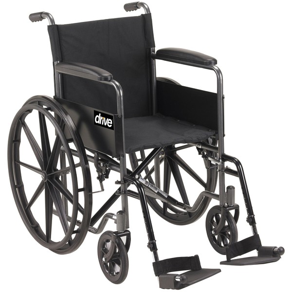 Drive Medical SSP118FA-SF Silver Sport 1 Folding Transport Wheelchair with Full Arms and Removable Swing-Away Footrest, Black