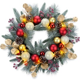 YULETIME 20-inch Christmas Wreath, Battery Operated Holiday Wreath with 20 Fairy Lights, Red & Gold Baubles, Frosty Red Berries, Pine Cones, Golden Leaves, Frosted Spruce Branches & Pine Needles (Red)