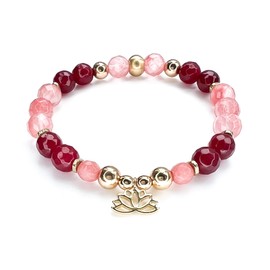 Lotus Love Gemstone bracelet/Cherry Quartz/Jade/Crystal Gems/Light Gold/Stretch/with crystal meanings card (7, Gold/Pink & Red/Jade & Cherry Quartz/Lotus Charm)