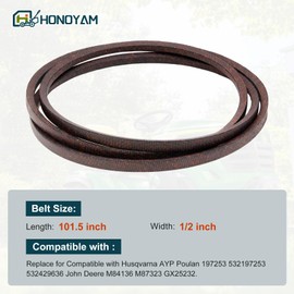 Honoyam 197253 Mower Deck Belt Fits for Craftsman Poulan Husqvarna 197253 532197253 429636 532429636 598559101 John Deere M84136 M87323 GX25232 1/2" x 101.5"