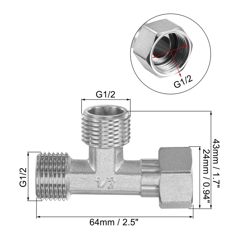 uxcell Pipe Fitting Tee G1/2 1 Female to 2 Male