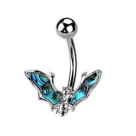 Pierced Owl 14GA 316L Stainless Steel Bat with Abalone Shell Wings Belly Button Ring (Silver Tone)