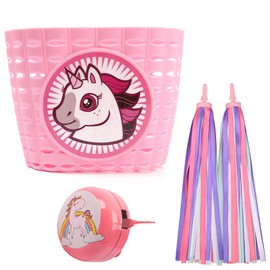 ASPIRER Children's Bicycle Bell Girls Bicycle Bell Cute Flowers Bicycle Bell with 1 Pair Bicycle Handlebar Streamer, Unicorn Front Basket