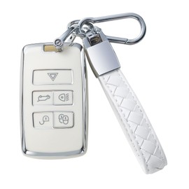 CHEZENHUI Compatible with Land Rover Key Fob Cover with Leather Lanyard, Car Key Case Shell Protection for Land Rover Discovery Range Rover Sport Evoque 5 Buttons Smart Remote Control,White
