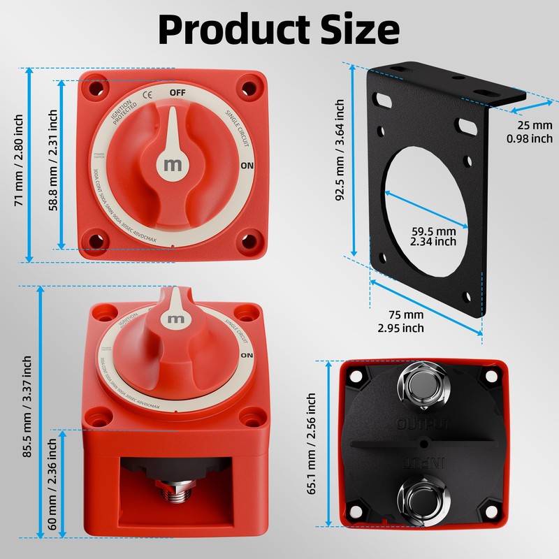 Battery Disconnect Switch with Mounting Bracket, 12-48V Heavy Duty Battery