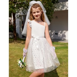 Arshiner Girls Wedding Guest Dress Summer Tulle First Communion Bridesmaid One Shoulder Sequin Midi Sundress Clothes White